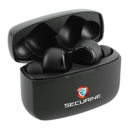 True wireless earbuds in a black charging case, featuring a logo and silicone ear tips for comfort.