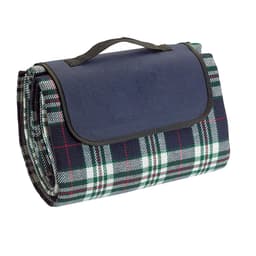 A rolled picnic rug with a checkered pattern in green, white, red, and navy, featuring a handle for portability.