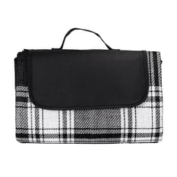 A picnic rug featuring a black and white checkered pattern, neatly folded with a handle for easy transport.