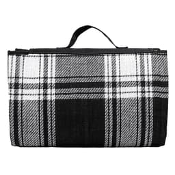A folded picnic rug featuring a black and white check pattern, with a carrying handle on top.