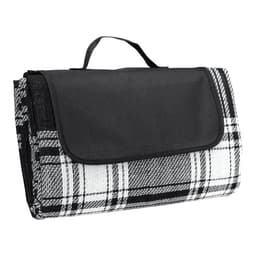 A folded picnic rug in a black and white check pattern with a black handle for easy carrying.