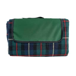 A folded picnic rug featuring a green top and a plaid pattern in blue, red, and cream colours. It has a carrying handle and a logo.