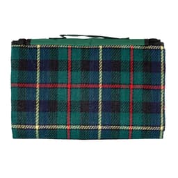 A green and black tartan picnic rug, folded with a carry handle, featuring red and yellow grid lines.