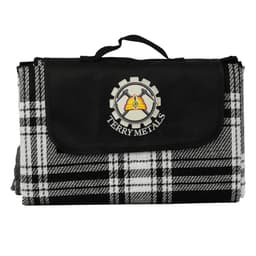 A black and white checkered picnic rug with a logo on the front and a carrying handle.