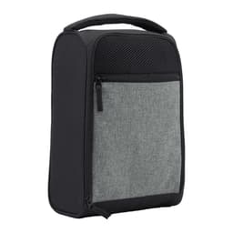 A black and grey travel shoe bag with a handle and zippered compartments, featuring a mesh pocket.