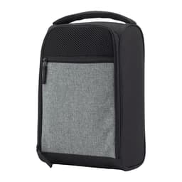 A compact black and grey travel shoe bag with a carry handle and zippered compartments. It features a mesh panel on the top.