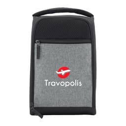 A grey travel shoe bag features a mesh top and a logo. It includes a zippered compartment and a handle.