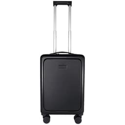 A black wheeled cabin trolley bag with a retractable handle and two wheels, featuring a logo on the front.