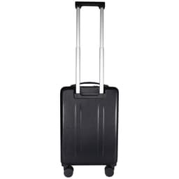 A black recycled cabin trolley bag with a retractable handle and four wheels. It features a logo on the front.