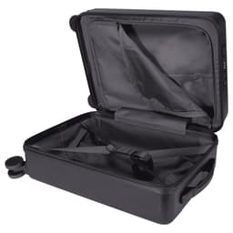 A black wheeled cabin trolley bag with a spacious interior and straps for securing items inside. Features a logo.