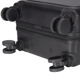 A black wheeled cabin trolley with smooth-rolling wheels and a sturdy zipper closure. It features a simple, sleek design.
