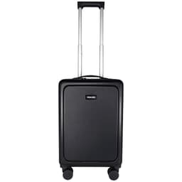 A black wheeled cabin trolley with a telescopic handle and four wheels, featuring a logo on the front.