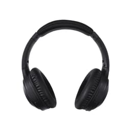A pair of black over-ear headphones with padded ear cups and a curved headband, featuring a logo.