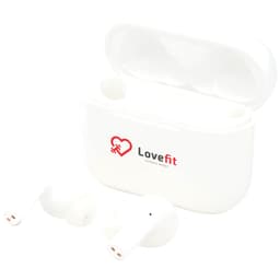 White wireless earbuds housed in a matching case, featuring a logo on the front.