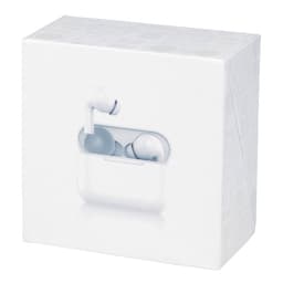 A white product box containing earbuds, featuring a minimalist design and a branding logo.