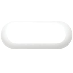 A pair of white earbuds in a sleek, elongated charging case. The case features a simple design and has a logo.
