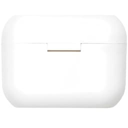 A white charging case for earbuds with a smooth finish and a minimalistic design, featuring a small opening.