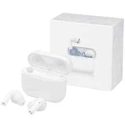 White earbuds with a charging case, presented in a plain white box, featuring a logo on the packaging.