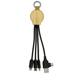 A 16.5cm recycled 6-in-1 charging cable with a wooden keychain attachment and black cords. Features various connectors.