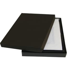 A black box partially open, revealing a silver nickel plated photo frame inside, resting on a white lining.