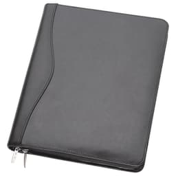 A black leather compendium featuring a zip closure and a stylish, curved design, includes a logo.