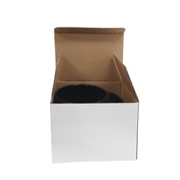 A white standard box with an open lid, containing a black cylindrical object inside.