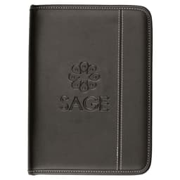 A5 zippered compendium in black leather with embossed logo and white stitching detail. Ideal for office use.