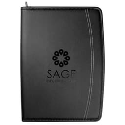 A black imitation leather zip compendium features white stitching and a logo on the front cover.