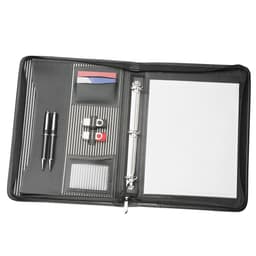 A black imitation leather A4 compendium with pens, pockets, and a notepad. It features a logo on the front.