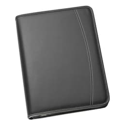 A black imitation leather A4 compendium featuring stitches and a logo. Ideal for office and business use.