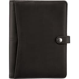 A black padfolio featuring a snap closure, designed for office and business use with an included logo.
