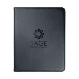 A black imitation leather zip compendium featuring a logo on the front cover.