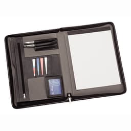A black and grey imitation leather zip compendium featuring a notepad, pen holder, card slots, and document pockets.