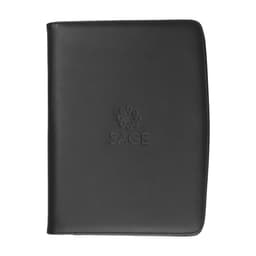 A black imitation leather A4 compendium featuring a logo on the front cover, ideal for office use.