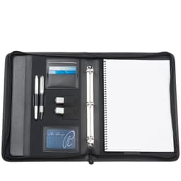 A black imitation leather A4 compendium featuring a notepad, pen slots, card holders, and a binder mechanism.