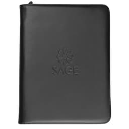 A black imitation leather A4 compendium featuring a logo on the front.