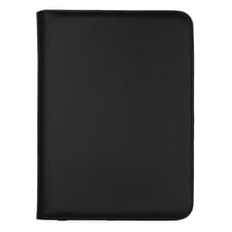 A black recycled A4 zip portfolio with a smooth exterior and a zipped closure, featuring a logo.