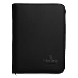 A black recycled A4 zip portfolio with a logo on the front. Ideal for office and business use.