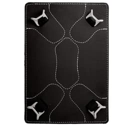 A black iPad holder for a compendium, featuring four white clips and contrasting stitching.