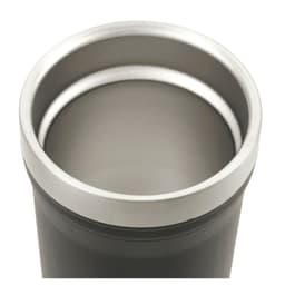 A drink bottle featuring a sleek black exterior and a stainless steel interior with a wide opening.