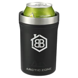 A drink bottle in black with a stainless steel rim, featuring a logo and holding a can inside.