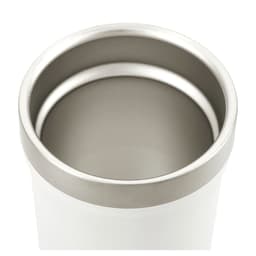 A drink bottle with a white exterior and stainless steel interior, featuring a simple design and a branding logo.