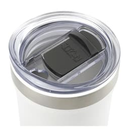 A drink bottle with a clear lid, stainless steel band, and a sleek white body. It features a brand logo on the lid.