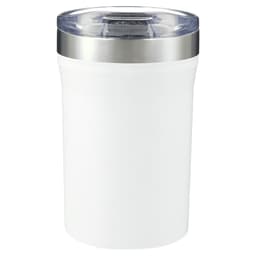 A drink bottle in white with a stainless steel rim and a transparent lid, designed for keeping beverages hot or cold.