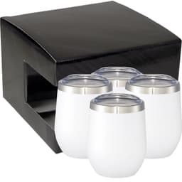 A gift box containing four white drinkware tumblers with silver lids, packaged in a sleek black box.