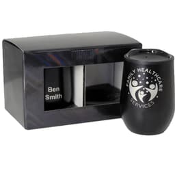 A black drink bottle and a cup in a black gift box, featuring a logo and a personalisation option.