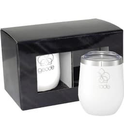 A gift box containing two white drinkware pieces with a silver lid and a logo. The box is black with a clear display window.