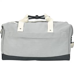 A grey and dark grey cotton duffel bag with handles and a branding logo.