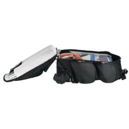 A black wheeled backpack with multiple compartments, revealing items like books and a drink bottle inside.