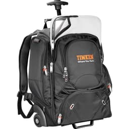 A black wheeled compu-backpack with multiple compartments and a retractable handle. It features a logo on the front.